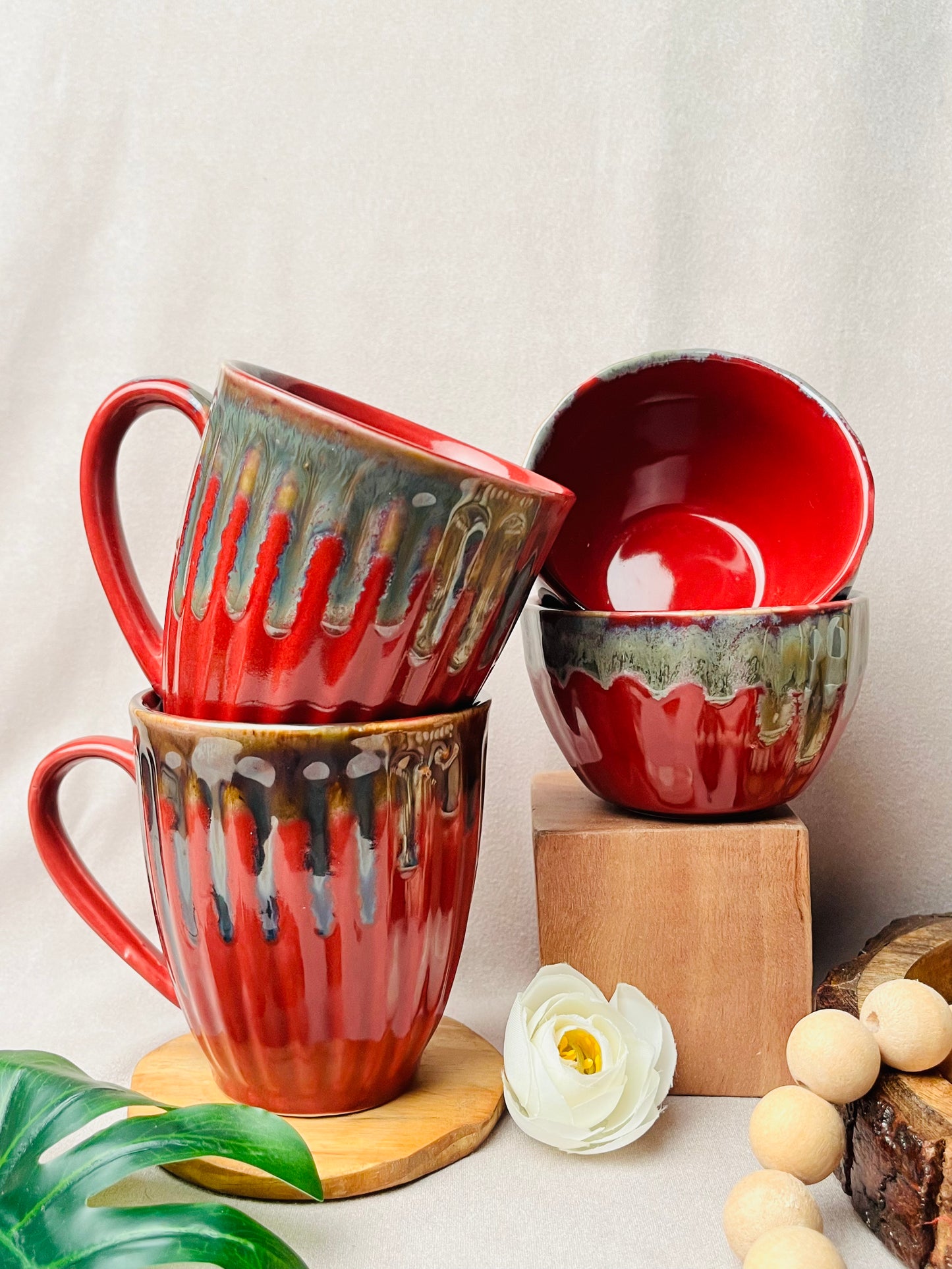 Elegant Red Mugs and Bowls Combo