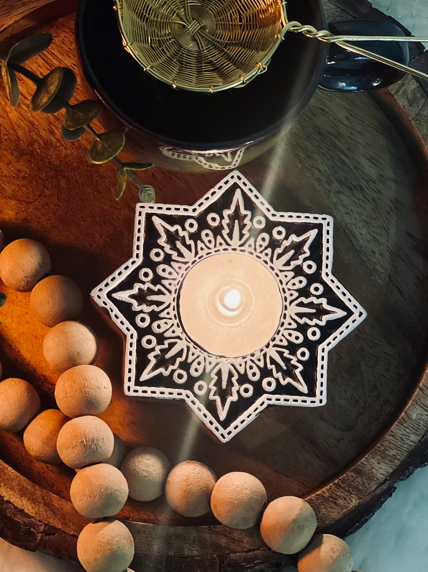 Wooden Hand-carved Snowflake Tea-light Holder