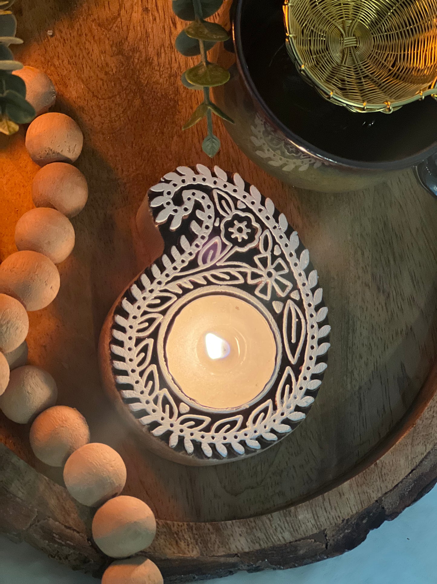 Wooden Hand-carved Ambi Tea-light Holder