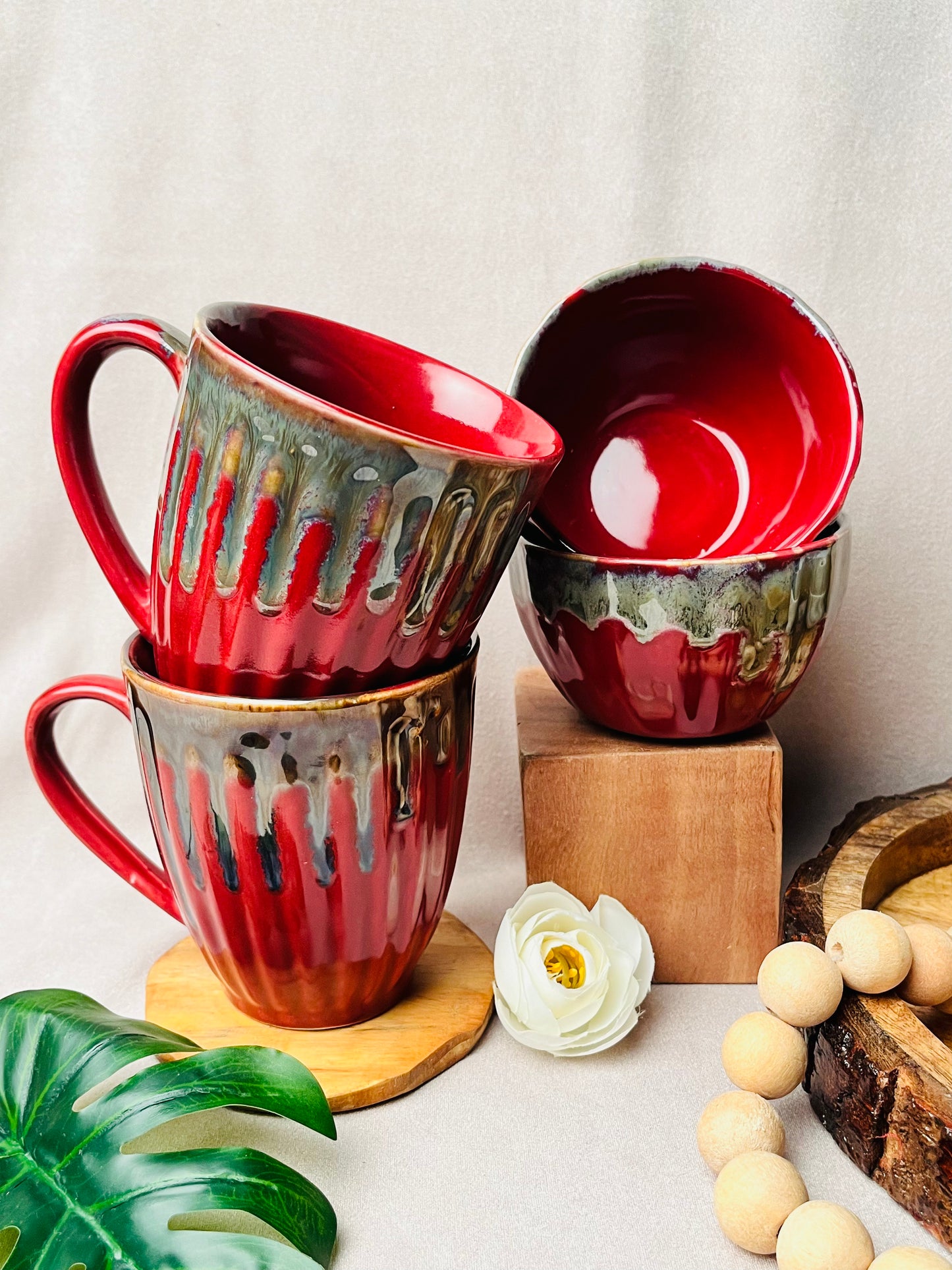 Elegant Red Mugs and Bowls Combo