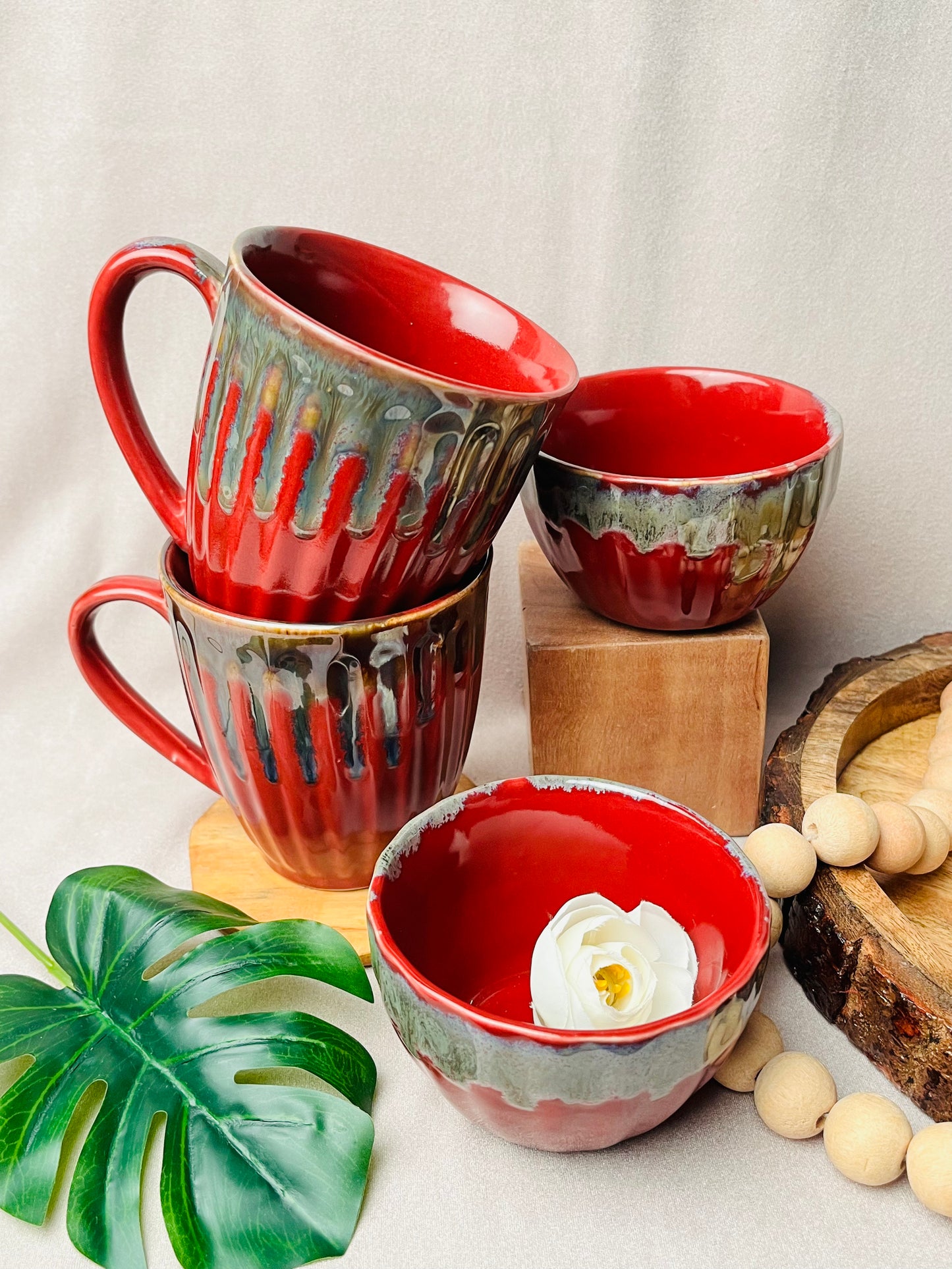 Elegant Red Mugs and Bowls Combo