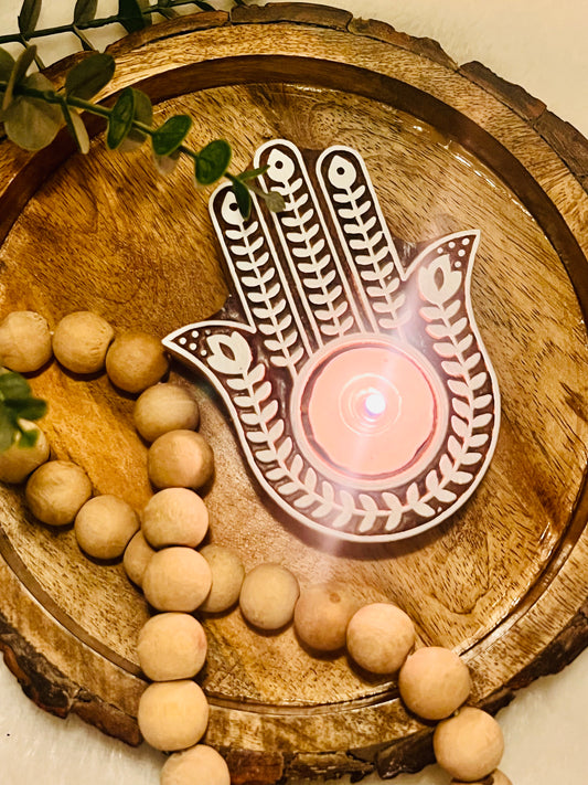 Wooden Hand-Carved Tealight Candle Holders : The Hamsa Hand