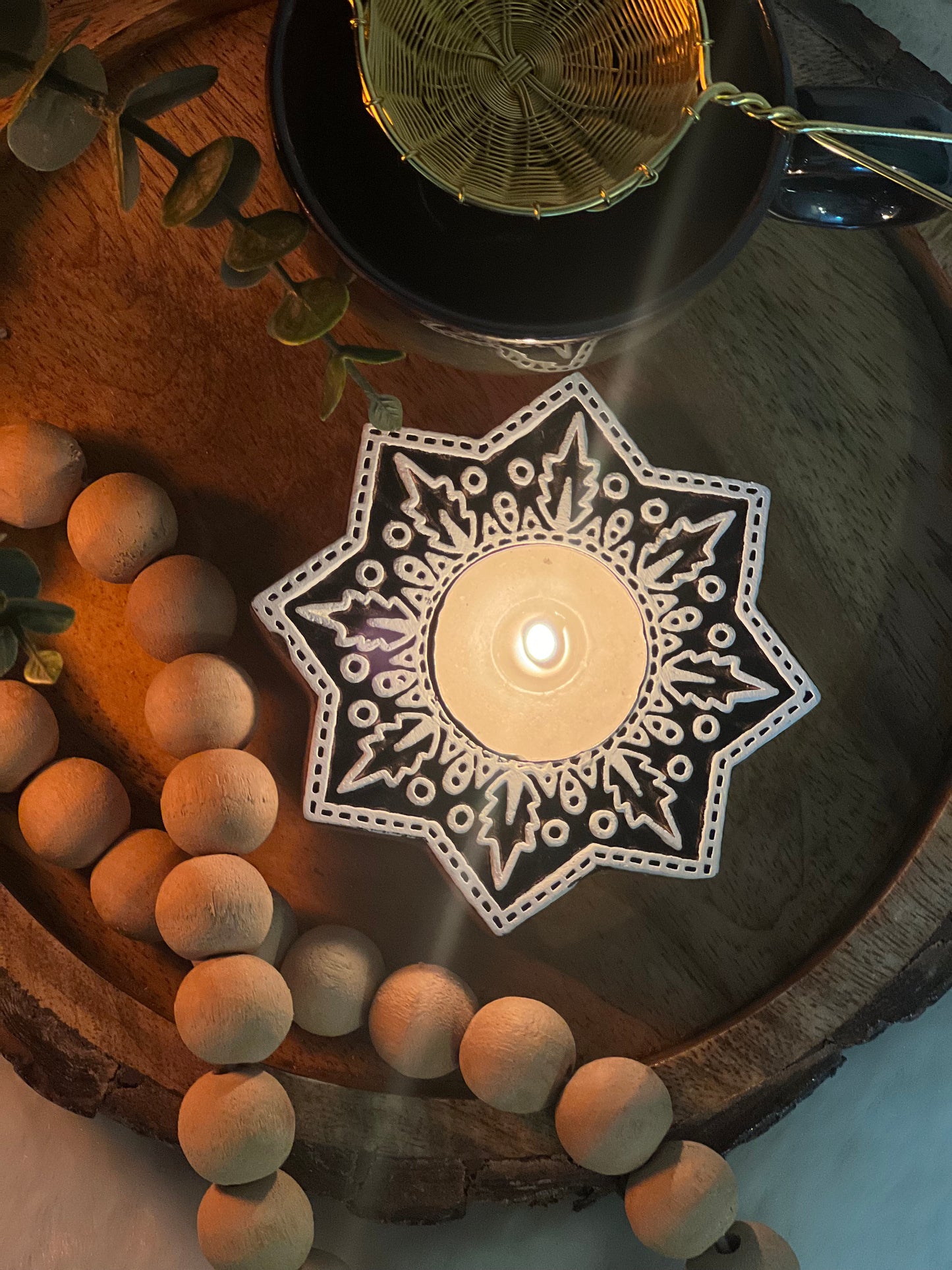 Wooden Hand-carved Snowflake Tea-light Holder