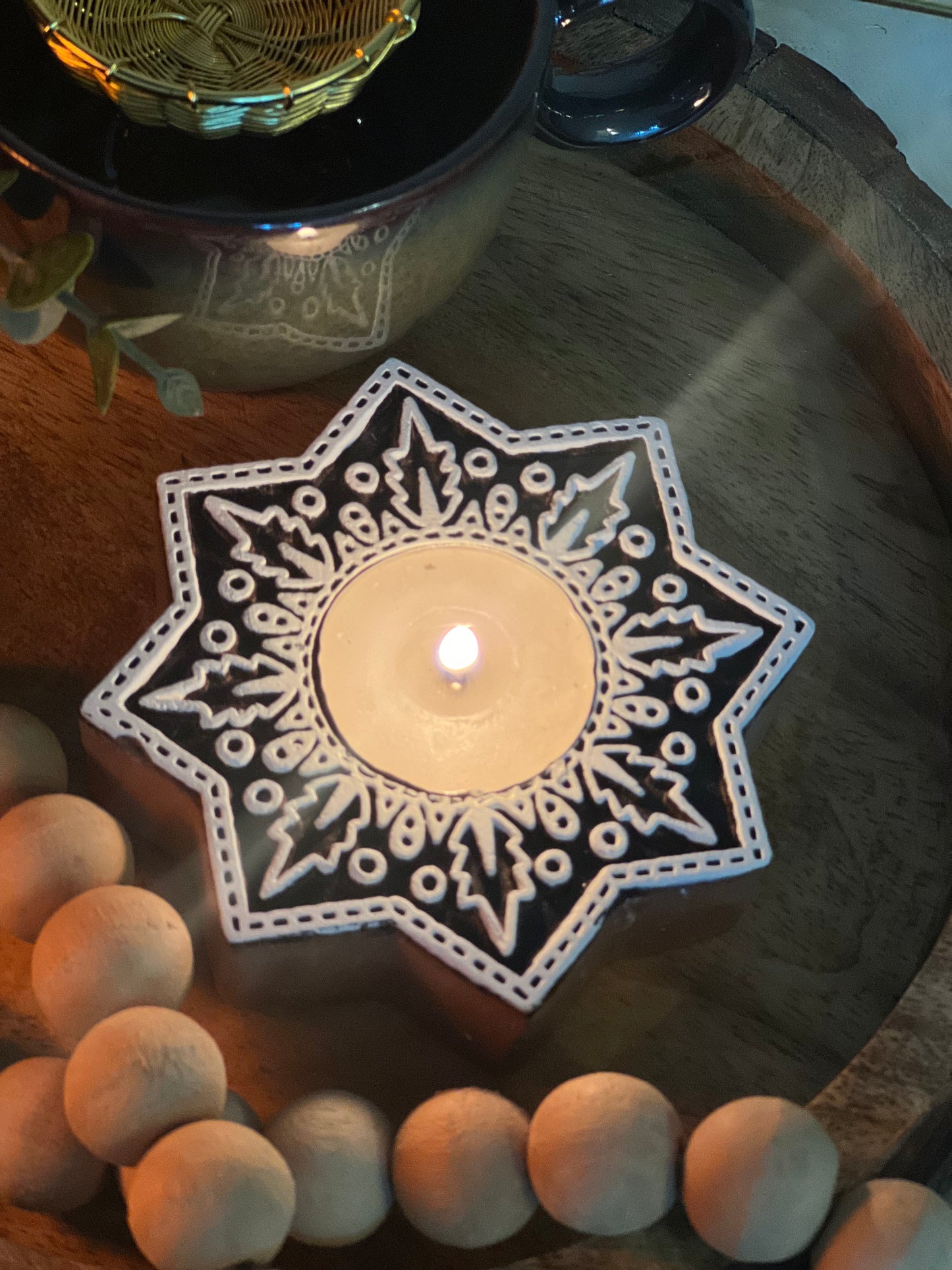 Wooden Hand-carved Snowflake Tea-light Holder