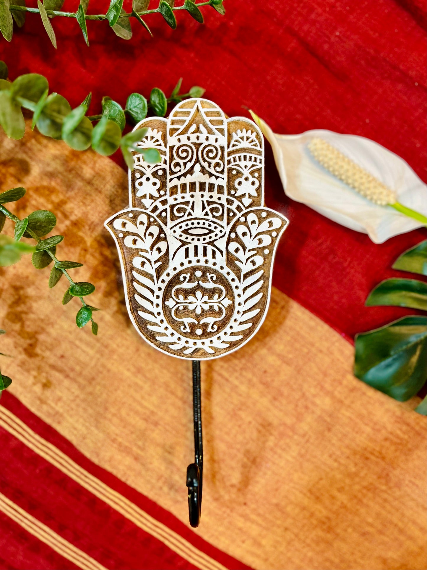 Hamsa Hand Carved Wall-mounted Hook 6” Motif