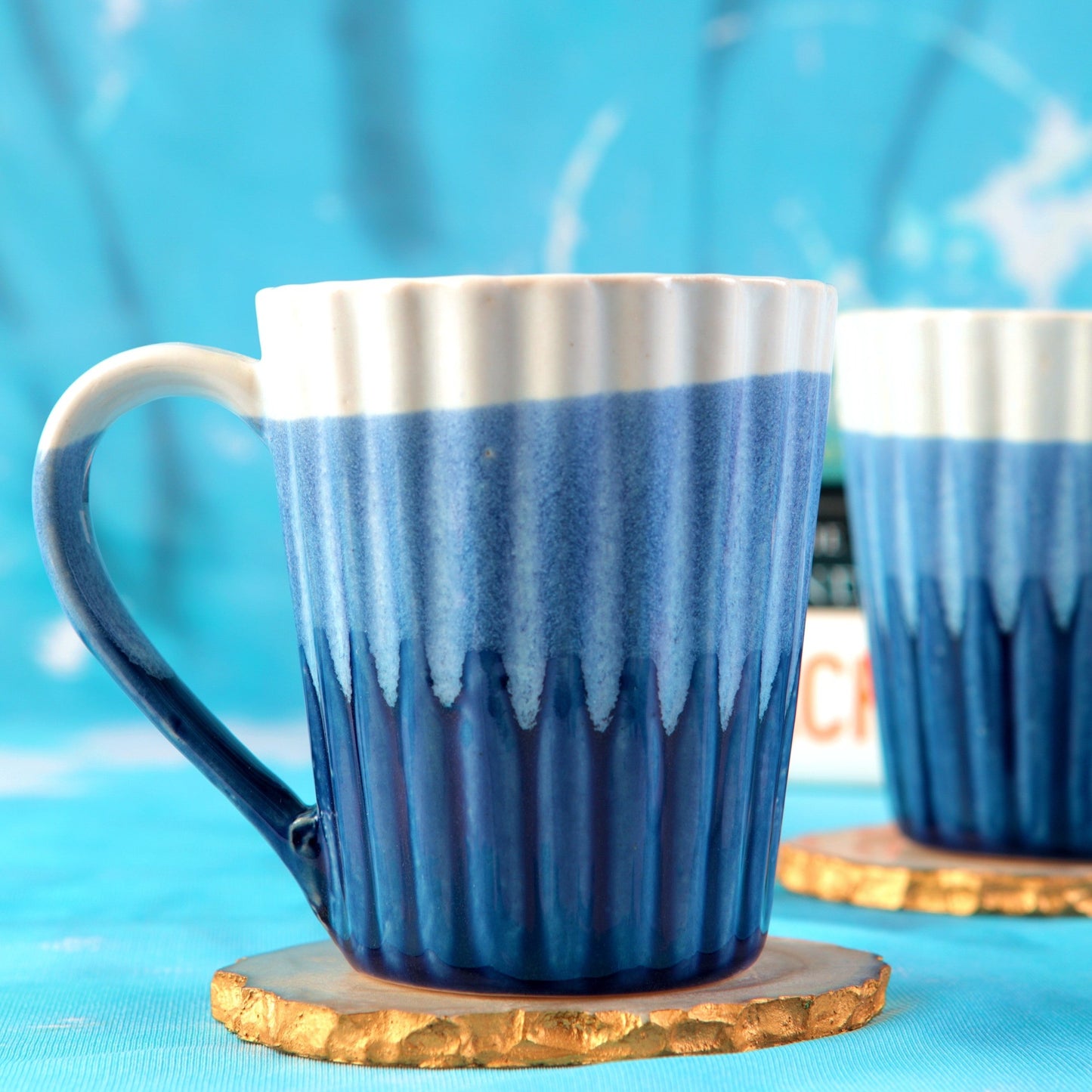 Ocean Blue Ribbed Coffee Mug